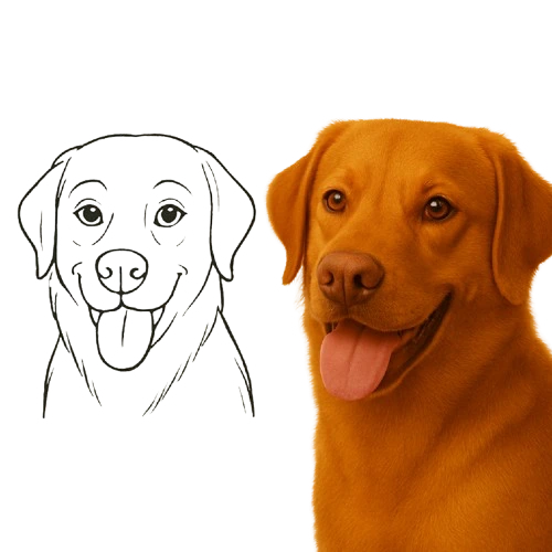 A side-by-side comparison showing an original color photo of a golden retriever and its converted line art version suitable for coloring