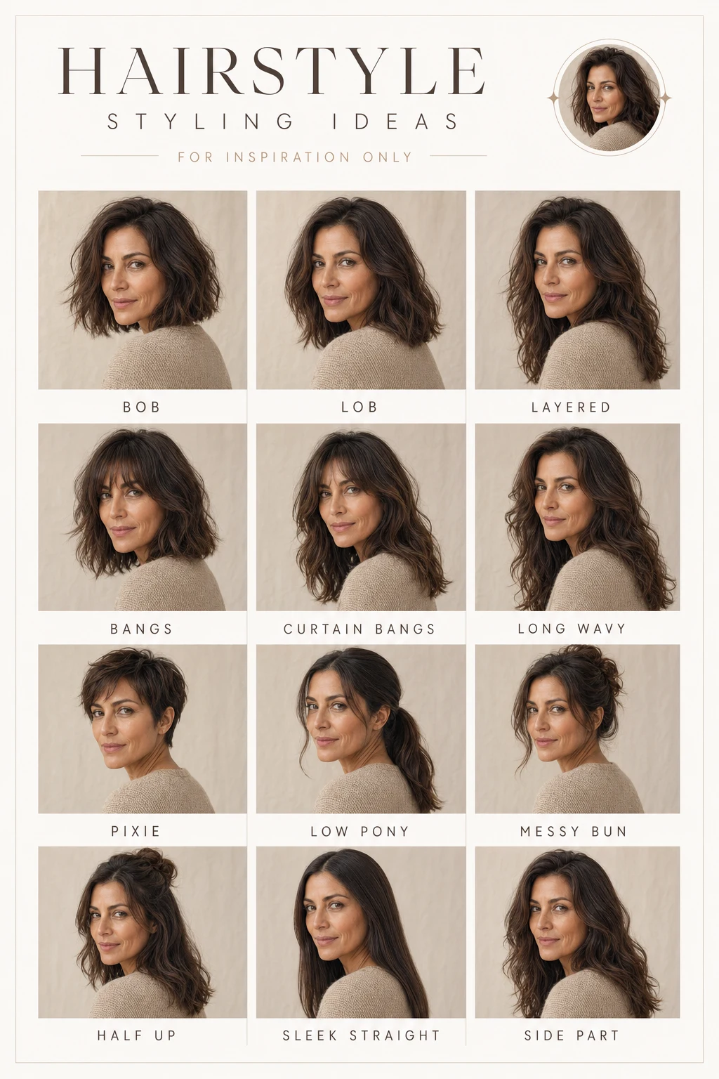 AI Hairstyle Analysis with eight cuts rendered on a selfie from StoryInColor