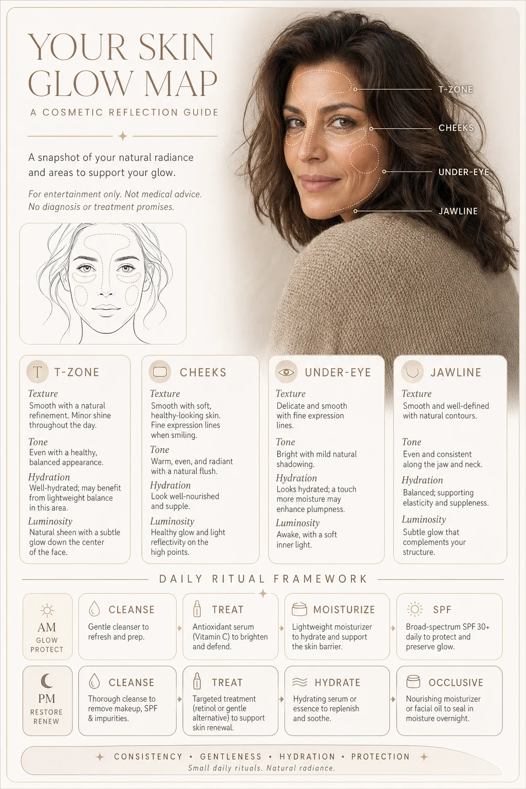 AI Skincare Glow reading with four-zone analysis from a selfie on StoryInColor